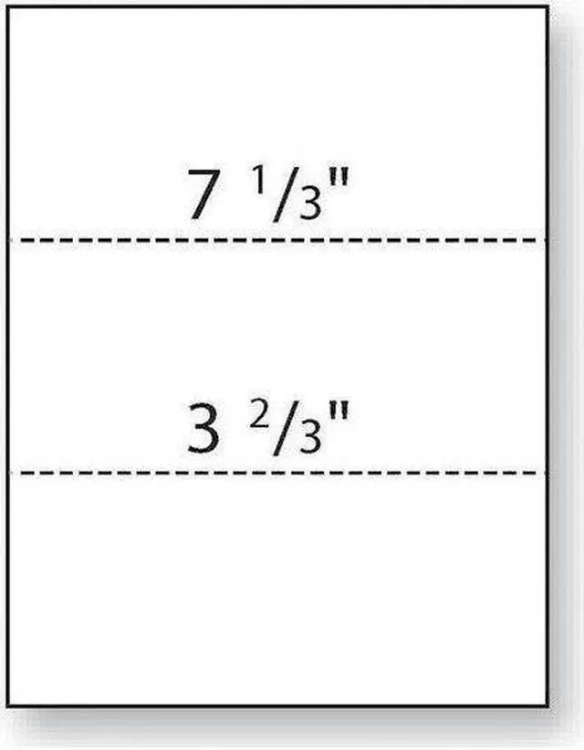 Main image of 8-1/2'' x 11" Laser Cut Sheet, 24# White Stock, 2 Horizontal Perforations 3-2/3" and 7-1/3" from Bottom (Carton of 2500)