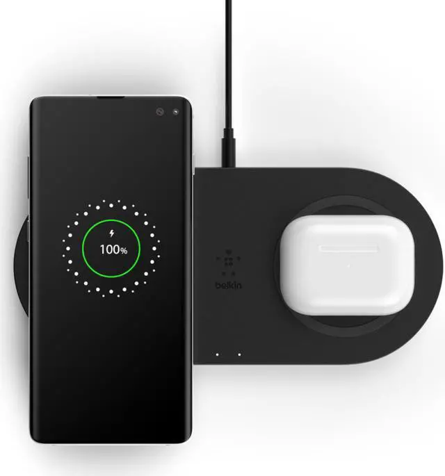 Alt view image 2 of 16 - Belkin Dual Wireless Charger (Dual Wireless Charging Pad 10W for iPhone 11, 11 Pro, 11 Pro Max, Galaxy S20, S20+, S20 Ultra, Pixel 4, 4XL, AirPods and More), Black