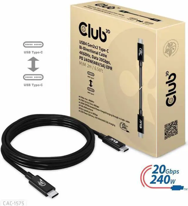 Alt view image 9 of 13 - club 3d usb4 type-c gen2x2 bi-directional cable 40gbps 4k60hz 240w powerdelivery m-m 2m - 6,56ft, cac-1575