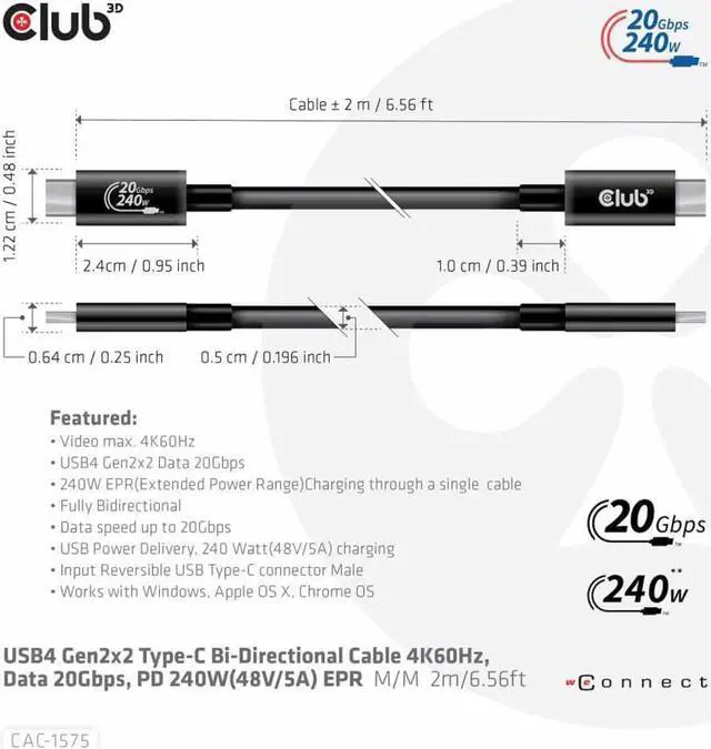 Alt view image 12 of 13 - club 3d usb4 type-c gen2x2 bi-directional cable 40gbps 4k60hz 240w powerdelivery m-m 2m - 6,56ft, cac-1575