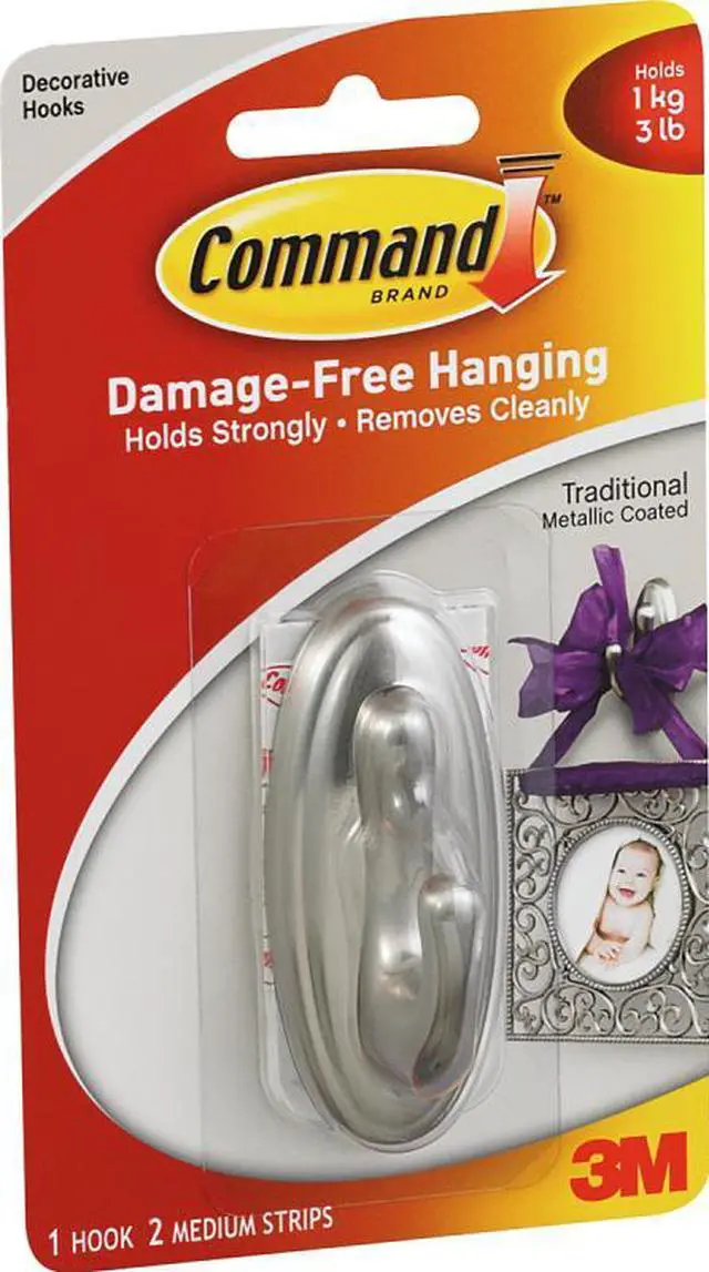 Main image of 3M 17051BN Command Traditional Brushed Nickel Finish Medium Bath Hook 1 hook, 2 strips