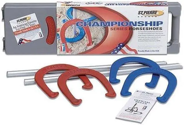 Alt view image 4 of 5 - St. Pierre Championship Series Horseshoes Set - Royal Classic with 4 Horseshoes, 2 Steel Stakes, and Rule Book.