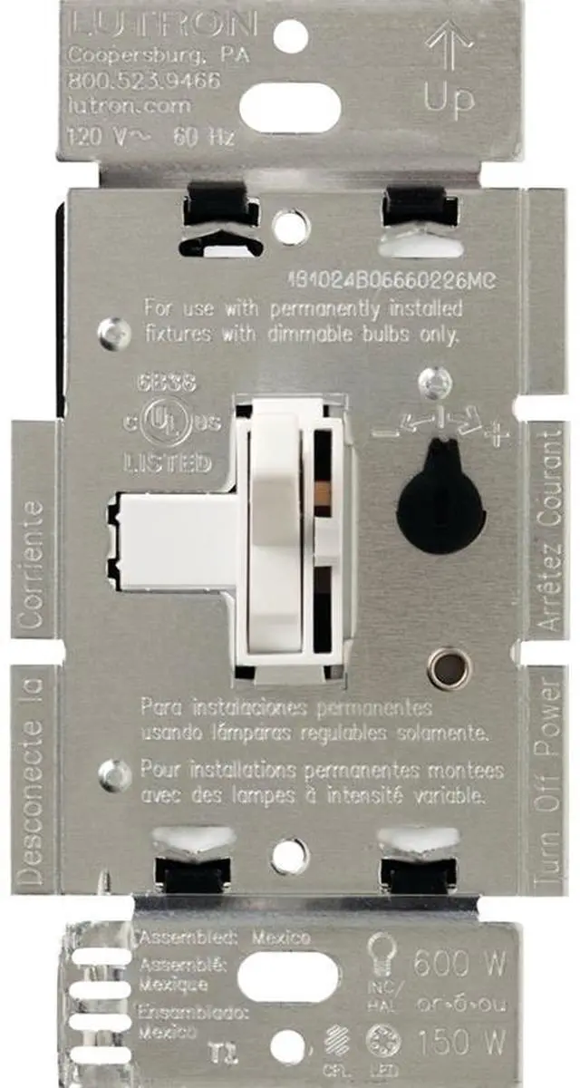 Alt view image 2 of 7 - Lutron Toggler Incandescent/Halogen/LED/CFL White Slide Dimmer Switch