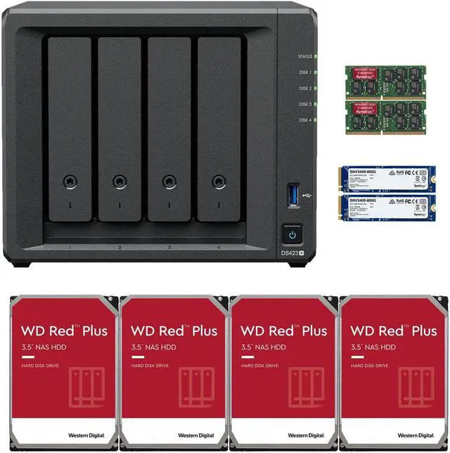 Main image of Synology DS423+ Intel Quad-Core 4-Bay NAS, 6GB RAM, 32TB (4 x 8TB) of Western Digital Red Plus Drives and 1.6TB (2 x 800GB) Synology Cache Fully Assembled and Tested By CustomTechSales