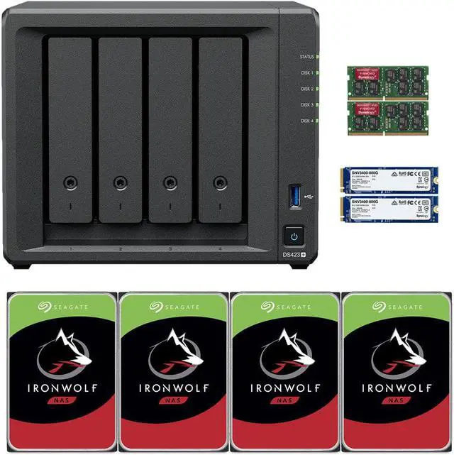 Main image of Synology DS423+ Intel Quad-Core 4-Bay NAS, 6GB RAM, 32TB (4 x 8TB) of Seagate Ironwolf NAS Drives and 1.6TB (2 x 800GB) Synology Cache Fully Assembled and Tested By CustomTechSales