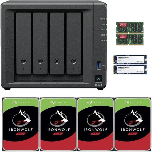 Main image of Synology DS423+ Intel Quad-Core 4-Bay NAS, 6GB RAM, 48TB (4 x 12TB) of Seagate Ironwolf NAS Drives and 800GB (2 x 400GB) Synology Cache Fully Assembled and Tested By CustomTechSales