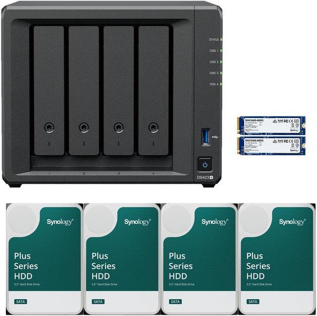 Synology DS423+ Intel Quad-Core 4-Bay NAS with 2GB RAM and 32TB (4 x 8TB)  of Synology Plus NAS Drives and 1.6TB (2 x 800GB) Synology Cache Fully
