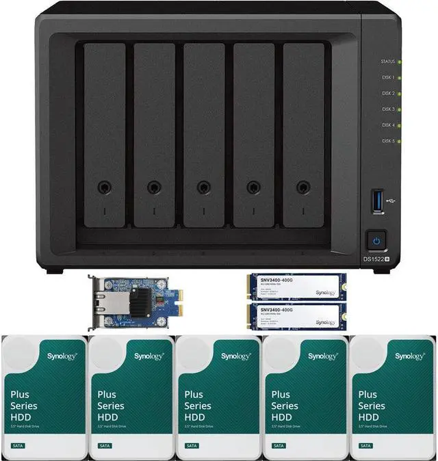 Main image of Synology DS1522+ 5-Bay NAS with 8GB RAM and 30TB (5 x 6TB) of Synology Plus Drives and a 10GbE Adapter and 800GB (2 x 400GB) Synology Cache Fully Assembled and Tested By CustomTechSales