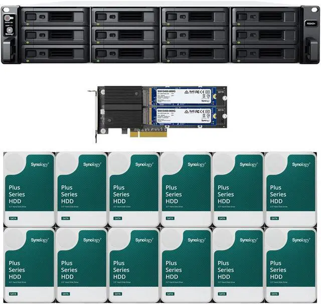 Main image of Synology RS2423+ 12-Bay NAS with 8GB RAM and 48TB (12 x 4TB) of Synology Plus Series Drives and 1.6TB (2 x 800GB) Cache Fully Assembled and Tested By CustomTechSales