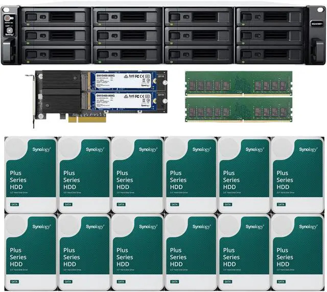 Main image of Synology RS2423RP+ 12-Bay NAS with 16GB RAM and 48TB (12 x 4TB) of Synology Plus Series Drives and 1.6TB (2 x 800GB) Cache Fully Assembled and Tested By CustomTechSales