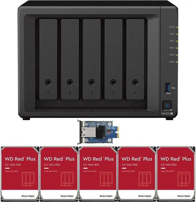 Main image of Synology DS1522+ 5-Bay NAS with 8GB RAM and 10TB (5 x 2TB) of Western Digital Red Plus Drives and a 10GbE Adapter Fully Assembled and Tested By CustomTechSales