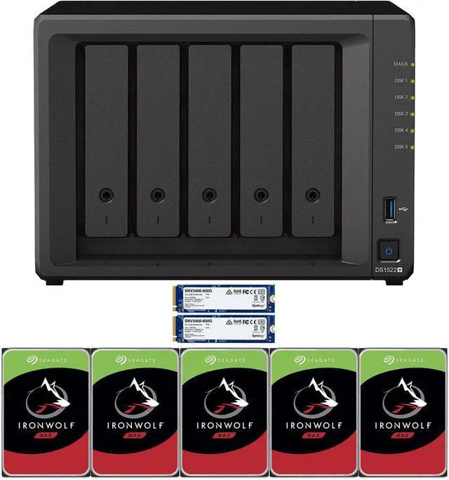 Main image of Synology DS1522+ 5-Bay NAS with 8GB RAM and 20TB (5 x 4TB) of Seagate Ironwolf NAS Drives and 1.6TB (2 x 800GB) Synology Cache Fully Assembled and Tested By CustomTechSales