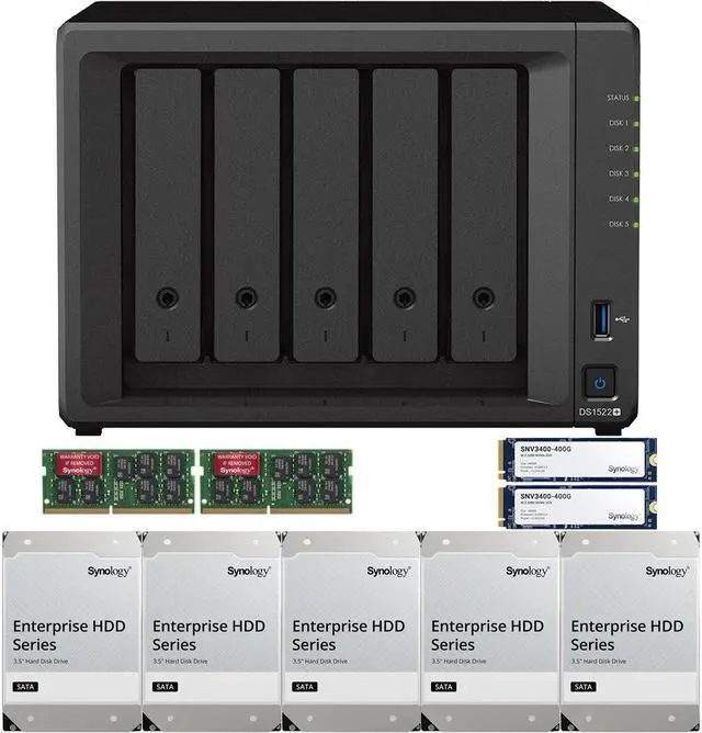 Main image of Synology DS1522+ 5-Bay NAS with 32GB RAM and 40TB (5 x 8TB) of Synology Enterprise Drives and 800GB (2 x 400GB) Synology Cache Fully Assembled and Tested By CustomTechSales