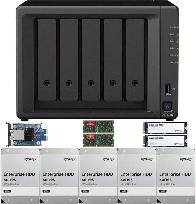 Main image of Synology DS1522+ 5-Bay NAS with 32GB RAM and 60TB (5 x 12TB) of Synology Enterprise Drives and a 10GbE Adapter and 800GB (2 x 400GB) Synology Cache Fully Assembled and Tested By CustomTechSales