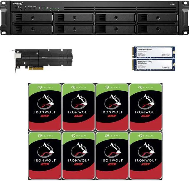 Main image of Synology RS1221+ RackStation with 4GB RAM, 800GB (2x400GB) Synology Cache 10GbE and 32TB (8 x 4TB) of Seagate Ironwolf NAS Drives Fully Assembled and Tested By CustomTechSales