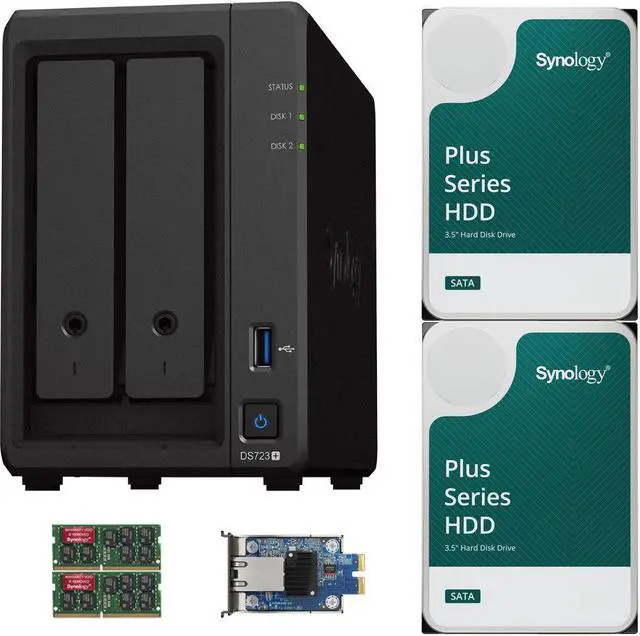 Main image of Synology DS723+ 2-Bay NAS, 4GB RAM, 10GbE Adapter, 24TB (2 x 12TB) of Synology Plus NAS Drives Fully Assembled and Tested By CustomTechSales