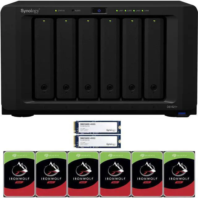 Main image of Synology DS1621+ 6-Bay NAS with 4GB RAM and 72TB (6 x 12TB) of Seagate Ironwolf NAS Drives and 800GB (2 x 400GB) Synology Cache Fully Assembled and Tested By CustomTechSales