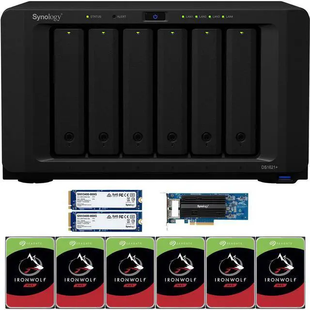 Main image of Synology DS1621+ 6-Bay NAS with 4GB RAM, a 2-port 10GbE Adapter and 72TB (6 x 12TB) of Seagate Ironwolf NAS Drives and 1.6TB (2 x 800GB) Synology Cache Fully Assembled and Tested By CustomTechSales