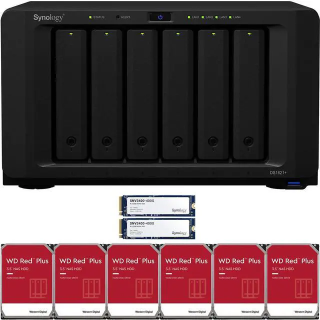 Main image of Synology DS1621+ 6-Bay NAS with 4GB RAM and 24TB (6 x 4TB) of Western Digital Red Plus NAS Drives and 800GB (2 x 400GB) Synology Cache Fully Assembled and Tested By CustomTechSales