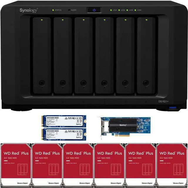 Main image of Synology DS1621+ 6-Bay NAS with 4GB RAM, a 2-port 10GbE Adapter, 60TB (6 x 10TB) of Western Digital Red Plus NAS Drives, 1.6TB (2 x 800GB) Synology Cache Fully Assembled and Tested By CustomTechSales