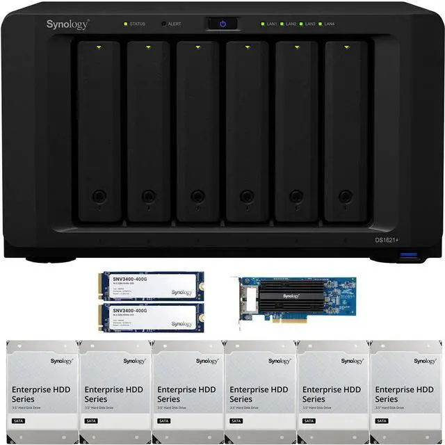 Main image of Synology DS1621+ 6-Bay NAS with 4GB RAM, a 2-port 10GbE Adapter and 72TB (6 x 12TB) of Synology Enterprise Drives and 800GB (2 x 400GB) Synology Cache Fully Assembled and Tested By CustomTechSales