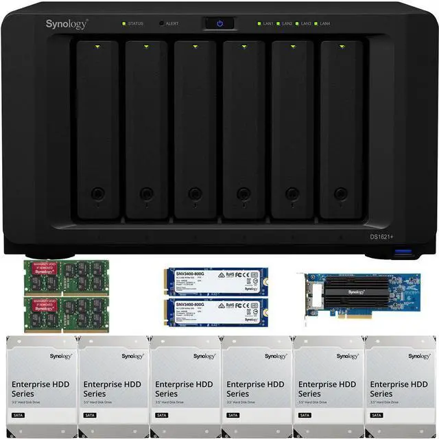 Main image of Synology DS1621+ 6-Bay NAS with 8GB RAM, a 2-port 10GbE Adapter and 24TB (6 x 4TB) of Synology Enterprise Drives and 1.6TB (2 x 800GB) Synology Cache Fully Assembled and Tested By CustomTechSales