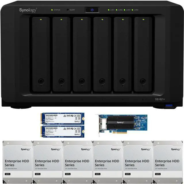 Main image of Synology DS1621+ 6-Bay NAS with 4GB RAM, a 2-port 10GbE Adapter and 72TB (6 x 12TB) of Synology Enterprise Drives and 1.6TB (2 x 800GB) Synology Cache Fully Assembled and Tested By CustomTechSales