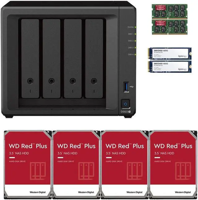 Main image of Synology DS923+ Dual-Core 4-Bay NAS, 8GB RAM, 12TB (4 x 3TB) of Western Digital Red Plus Drives, and 800GB (2 x 400GB) of Synology Cache Fully Assembled and Tested By CustomTechSales