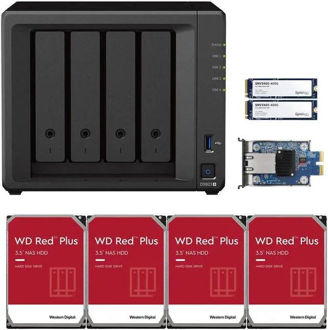 Main image of Synology DS923+ Dual-Core 4-Bay NAS, 4GB RAM, 16TB (4 x 4TB) of Western Digital Red Plus Drives, 10GbE Adapter, and 800GB (2 x 400GB) of Synology Cache Fully Assembled and Tested By CustomTechSales