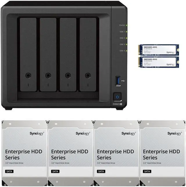 Main image of Synology DS923+ Dual-Core 4-Bay NAS, 4GB RAM, 16TB (4 x 4TB) of Synology Enterprise Drives and 800GB (2 x 400GB) Synology Cache Fully Assembled and Tested By CustomTechSales