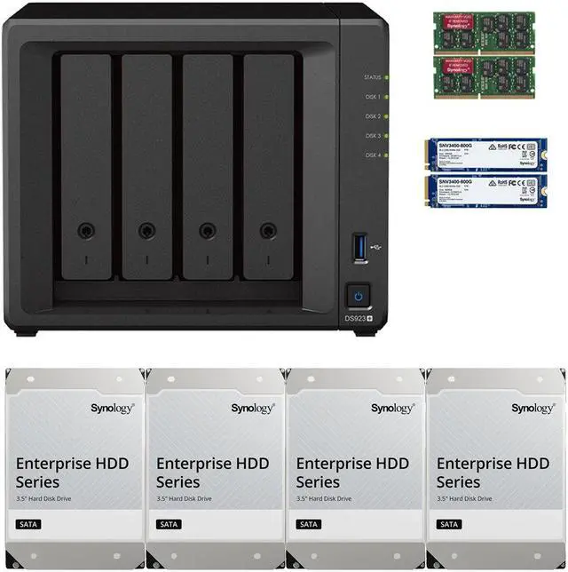 Main image of Synology DS923+ Dual-Core 4-Bay NAS, 8GB RAM, 64TB (4 x 16TB) of Synology Enterprise Drives and 1.6TB (2 x 800GB) Synology Cache Fully Assembled and Tested By CustomTechSales