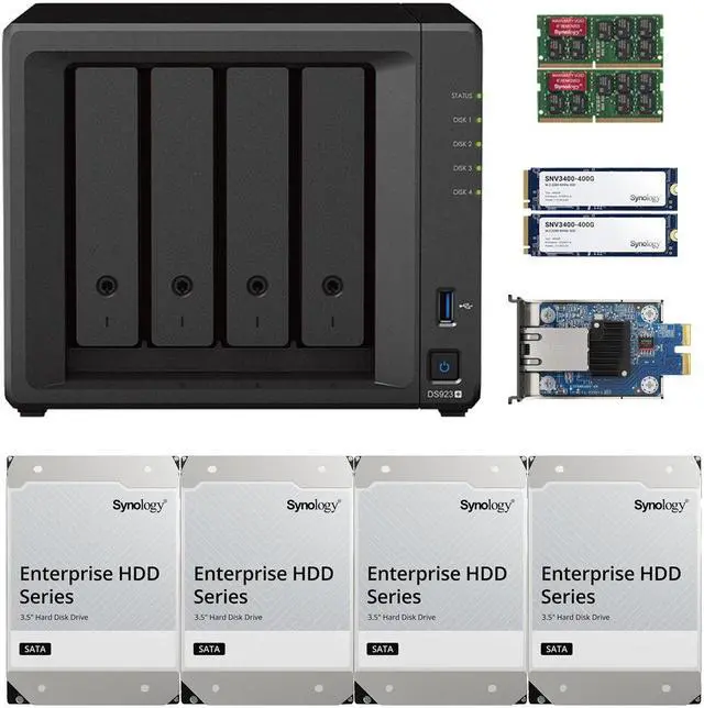 Main image of Synology DS923+ Dual-Core 4-Bay NAS, 16GB RAM, 16TB (4 x 4TB) of Synology Enterprise Drives, 10GbE Adapter,  and 800GB (2 x 400GB) Synology Cache Fully Assembled and Tested By CustomTechSales