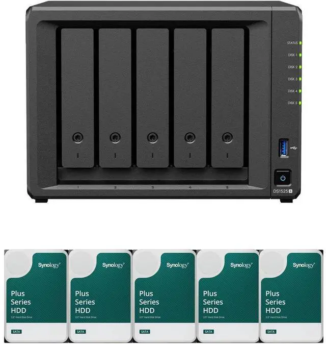 Main image of Synology DS1525+ Quad-Core 5-Bay NAS with 8GB RAM and 60TB (5 x 12TB) of Synology Plus Drives Fully Assembled and Tested By CustomTechSales