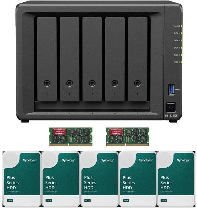 Main image of Synology DS1525+ Quad-Core 5-Bay NAS with 32GB RAM and 60TB (5 x 12TB) of Synology Plus Drives Fully Assembled and Tested By CustomTechSales