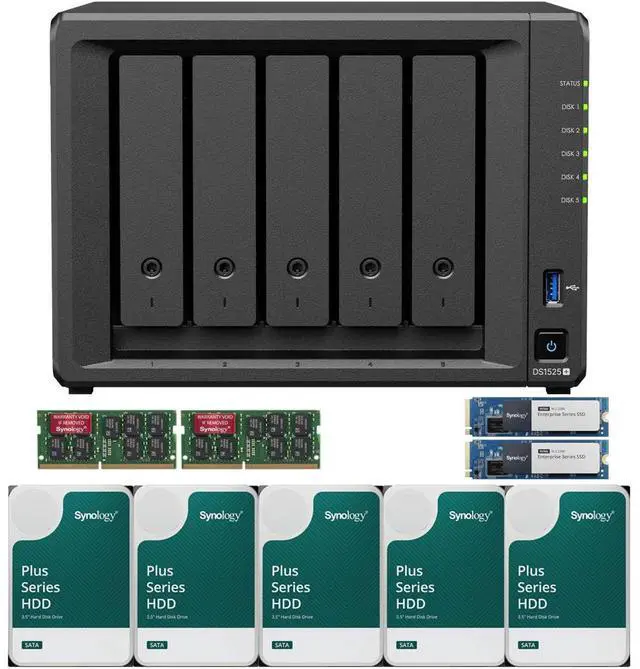 Main image of Synology DS1525+ Quad-Core 5-Bay NAS with 32GB RAM and 20TB (5 x 4TB) of Synology Plus Drives and 1.6TB (2 x 800GB) Synology Cache Fully Assembled and Tested By CustomTechSales