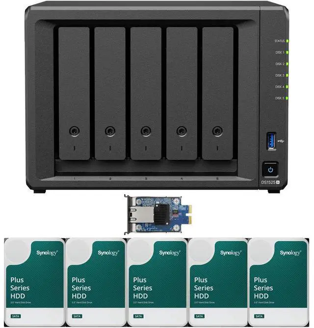 Main image of Synology DS1525+ Quad-Core 5-Bay NAS with 8GB RAM and 10TB (5 x 2TB) of Synology Plus Drives and 10GbE Adapter Fully Assembled and Tested By CustomTechSales