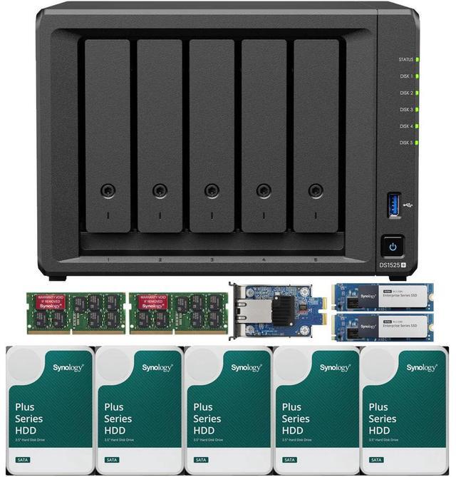 Main image of Synology DS1525+ Quad-Core 5-Bay NAS with 32GB RAM and 20TB (5 x 4TB) of Synology Plus Drives and 10GbE Adapter and 1.6TB (2 x 800GB) Synology Cache Fully Assembled and Tested By CustomTechSales