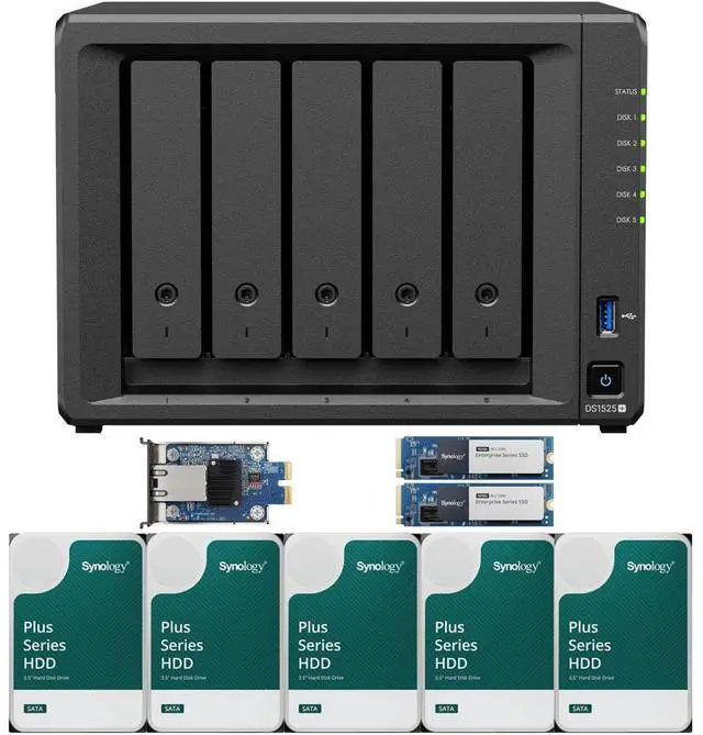 Main image of Synology DS1525+ Quad-Core 5-Bay NAS with 8GB RAM and 40TB (5 x 8TB) of Synology Plus Drives and 10GbE Adapter and 800GB (2 x 400GB) Synology Cache Fully Assembled and Tested By CustomTechSales