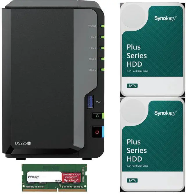 Main image of Synology DS225+ Intel 2-Bay NAS with 6GB RAM and 24TB (2 x 12TB) of Synology Plus Drives Fully Assembled and Tested By CustomTechSales