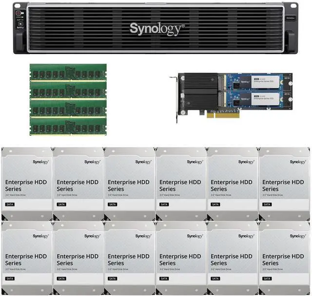 Main image of Synology RS3626xs Intel Xeon D-1726 12-Bay NAS 32GB RAM, 1.6TB(2x800GB) Cache, and 144TB (12 x 12TB) of Synology Enterprise NAS Drives Fully Assembled and Tested By CustomTechSales