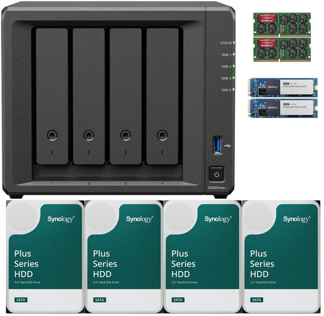 Main image of Synology DS925neo+ Quad-Core 4-Bay DiskStation NAS 32GB Synology ECC RAM, 3.2TB(2x1.6TB) Cache, and 80TB (4 x 20TB) of Synology Plus NAS Drives Fully Assembled and Tested By CustomTechSales