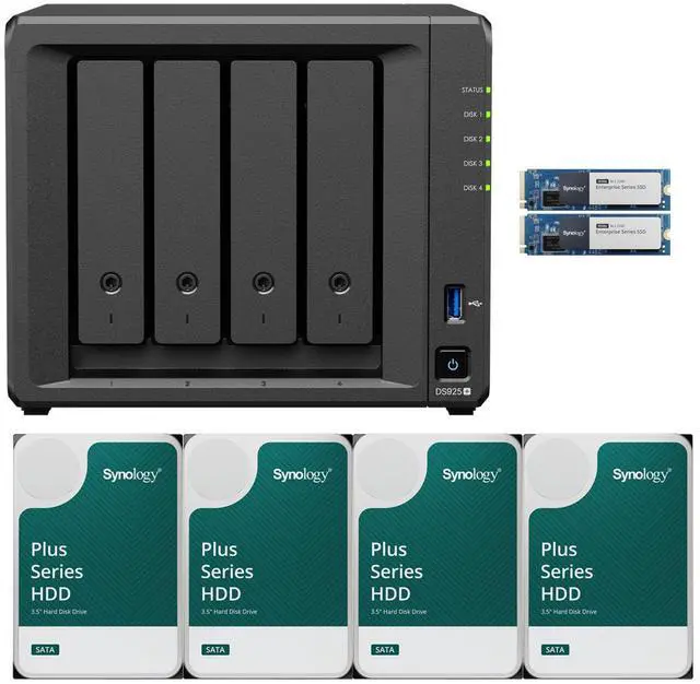Main image of Synology DS925+ Quad-Core 4-Bay NAS with 4GB RAM and 8TB (4 x 2TB) of Synology Plus Drives and 1.6TB (2 x 800GB) Synology Cache Fully Assembled and Tested By CustomTechSales