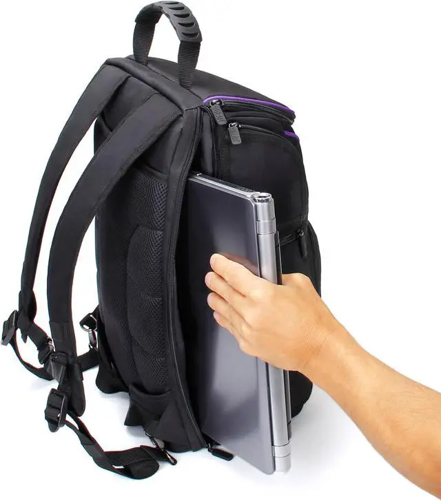 Alt view image 5 of 9 - Digital SLR Camera Backpack (Purple) with 15.6" Laptop Compartment by USA Gear features Padded Custom Dividers , Tripod Holder , Rain Cover and Storage for DSLR Cameras by Nikon , Canon , Sony