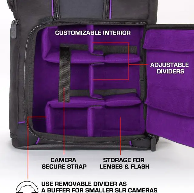 Alt view image 6 of 9 - Digital SLR Camera Backpack (Purple) with 15.6" Laptop Compartment by USA Gear features Padded Custom Dividers , Tripod Holder , Rain Cover and Storage for DSLR Cameras by Nikon , Canon , Sony