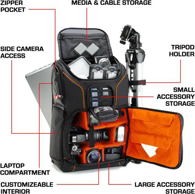 Alt view image 4 of 10 - Digital SLR Camera Backpack (Orange) with 15.6" Laptop Compartment by USA Gear features Padded Custom Dividers , Tripod Holder , Rain Cover and Storage for DSLR Cameras by Nikon , Canon , Sony