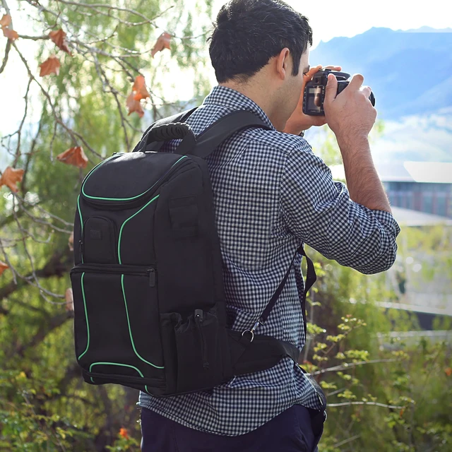 Alt view image 3 of 12 - Digital SLR Camera Backpack (Green) with 15.6" Laptop Compartment by USA Gear features Padded Custom Dividers , Tripod Holder , Rain Cover and Storage for DSLR Cameras by Nikon , Canon , Sony