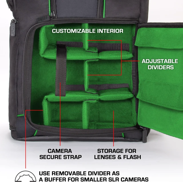 Alt view image 5 of 12 - Digital SLR Camera Backpack (Green) with 15.6" Laptop Compartment by USA Gear features Padded Custom Dividers , Tripod Holder , Rain Cover and Storage for DSLR Cameras by Nikon , Canon , Sony