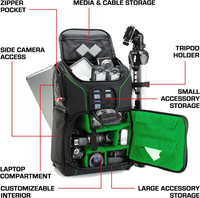Alt view image 7 of 12 - Digital SLR Camera Backpack (Green) with 15.6" Laptop Compartment by USA Gear features Padded Custom Dividers , Tripod Holder , Rain Cover and Storage for DSLR Cameras by Nikon , Canon , Sony