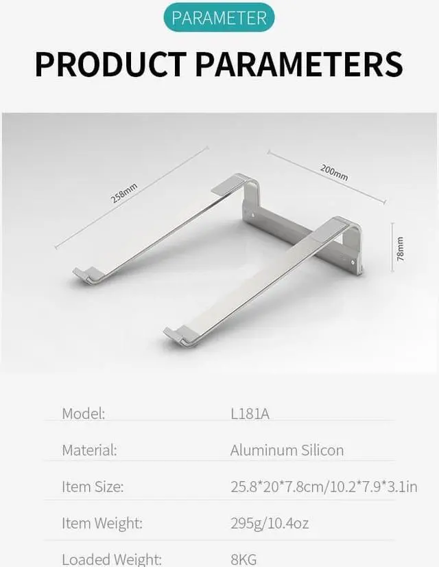 Alt view image 5 of 6 - Portable L181A Laptop Stand for notebook Desktop Silicone Nonslip Ergonomic Hollowed out Aluminum Holder Cooling Laptop Bracket