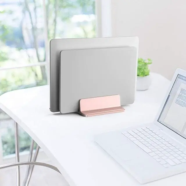 Alt view image 5 of 6 - Vertical Laptop Stand Aluminium Double Desktop Holder Space Saving Bookshelf Mount Bracket with Adjustable Dock For Notebook